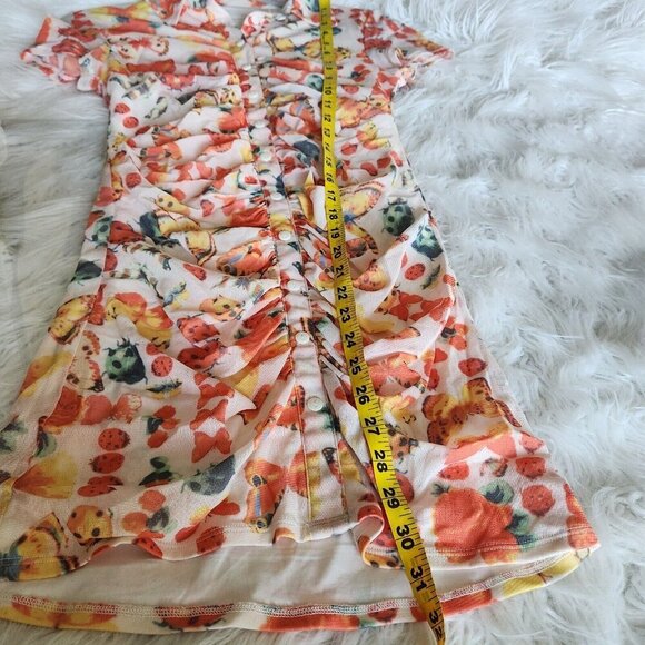 Urban Outfitters Y2K Riko Mesh Orange Butterfly Mini Dress Size M Ruched Button - Picture 8 of 14